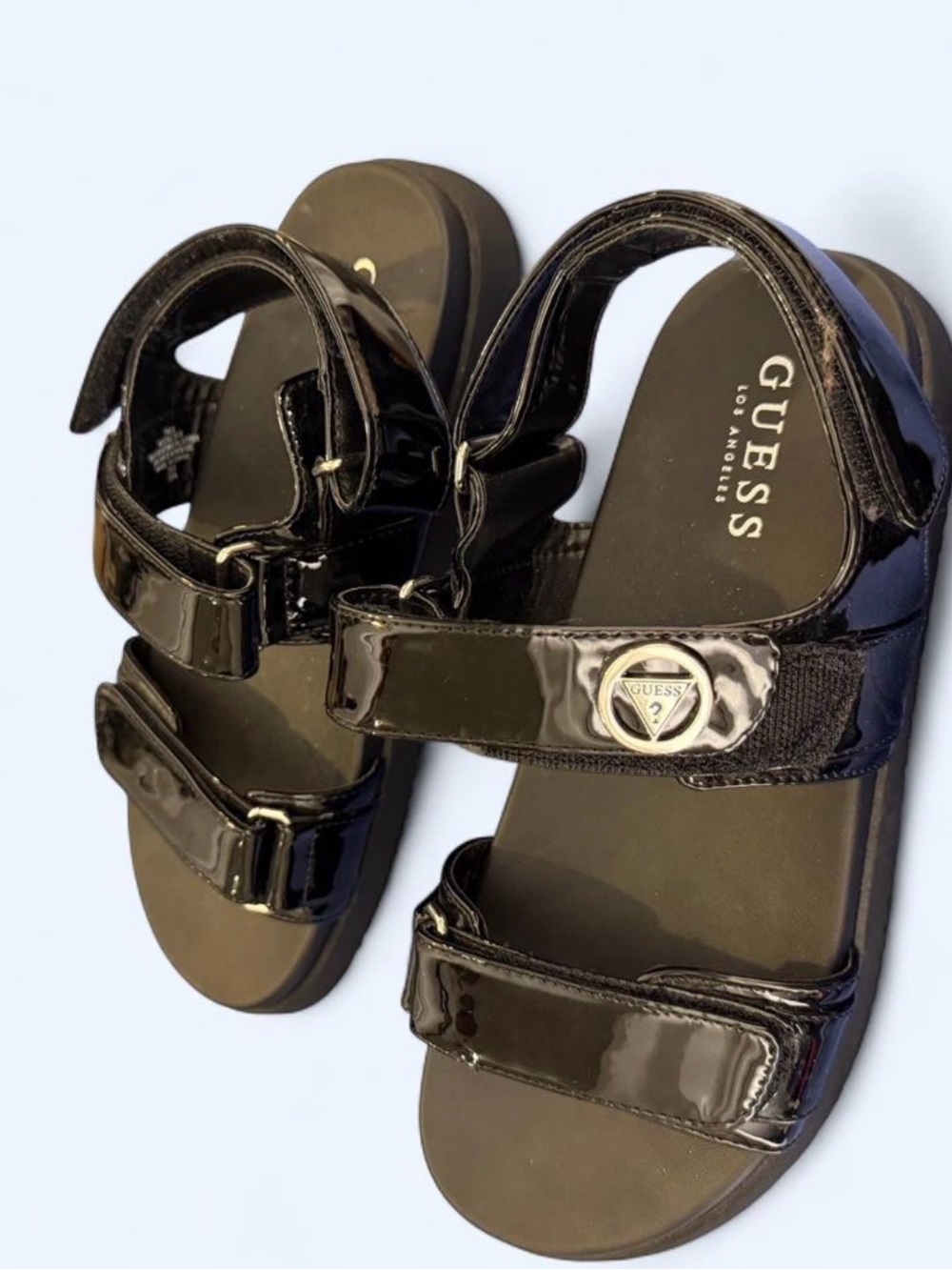 Guess Black Patent Triple-Strap Velcro Sandals with Logo Medallion guess